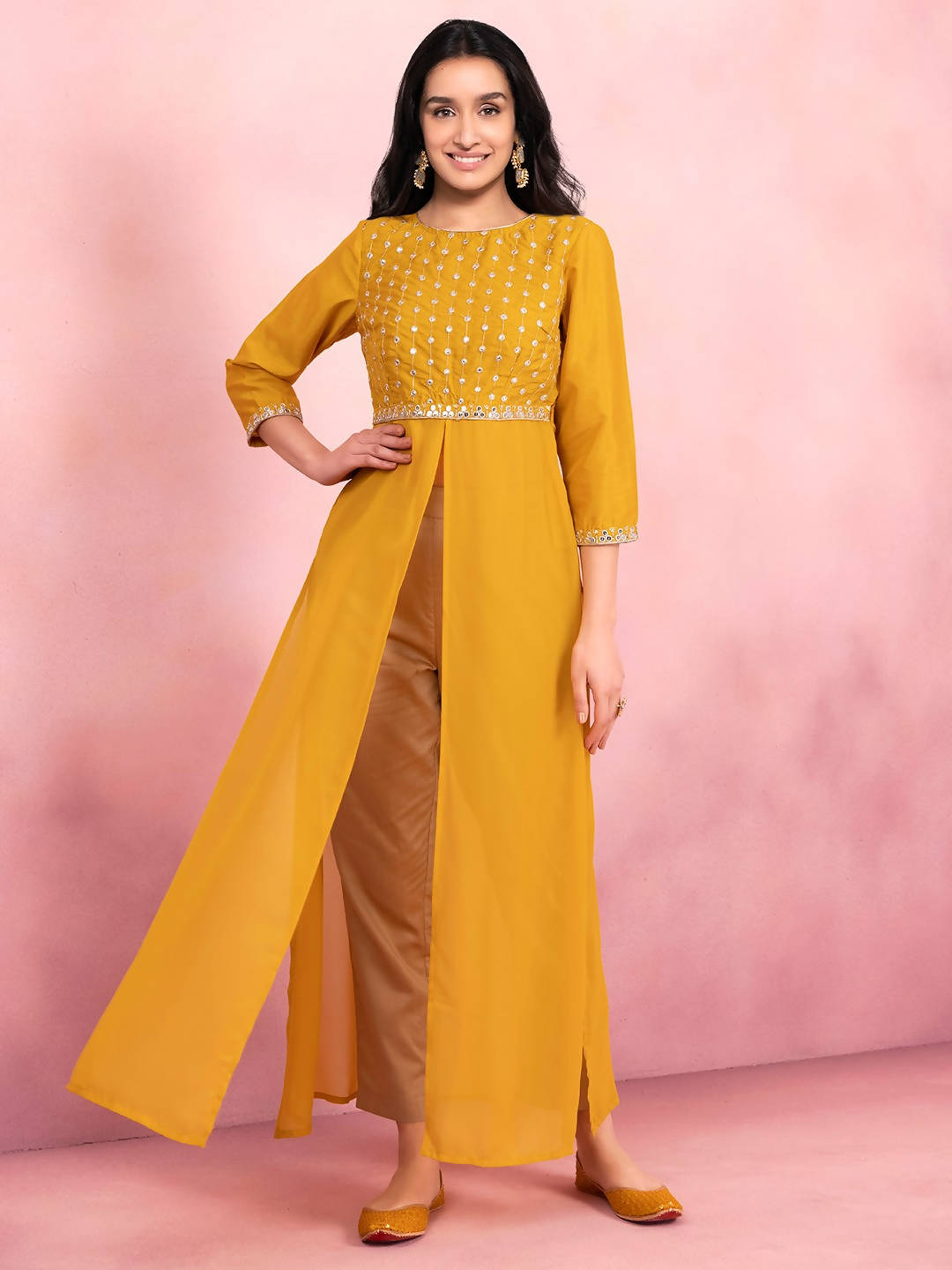 Indya Yellow Foil Off Shoulder High Slit Kurta : Amazon.in: Fashion